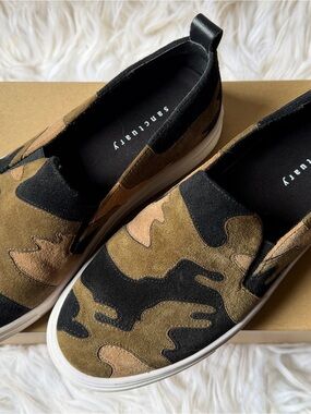 Sanctuary Camouflage Suede Slip-On Sneakers in Olive, Black & Tan